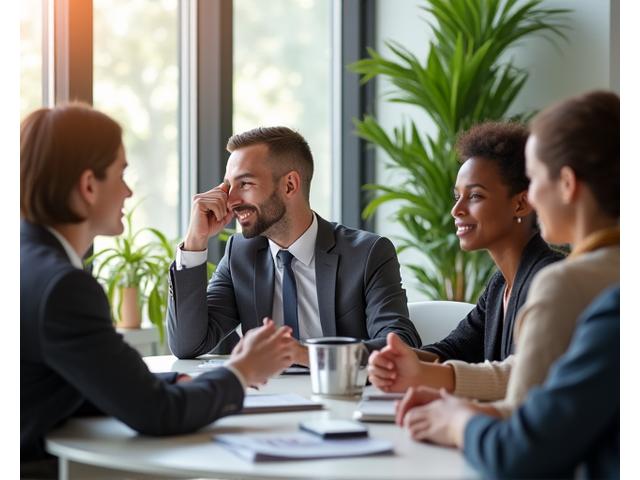 Employé en entreprise souriant, ambiance de travail équilibrée