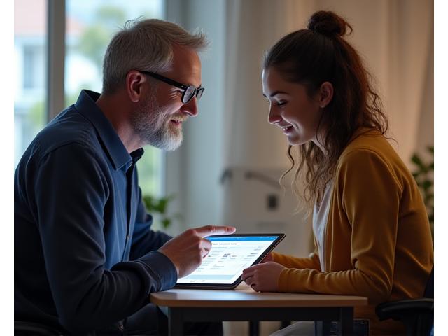 Un psychologue expliquant une interface digitale à un étudiant en psychologie